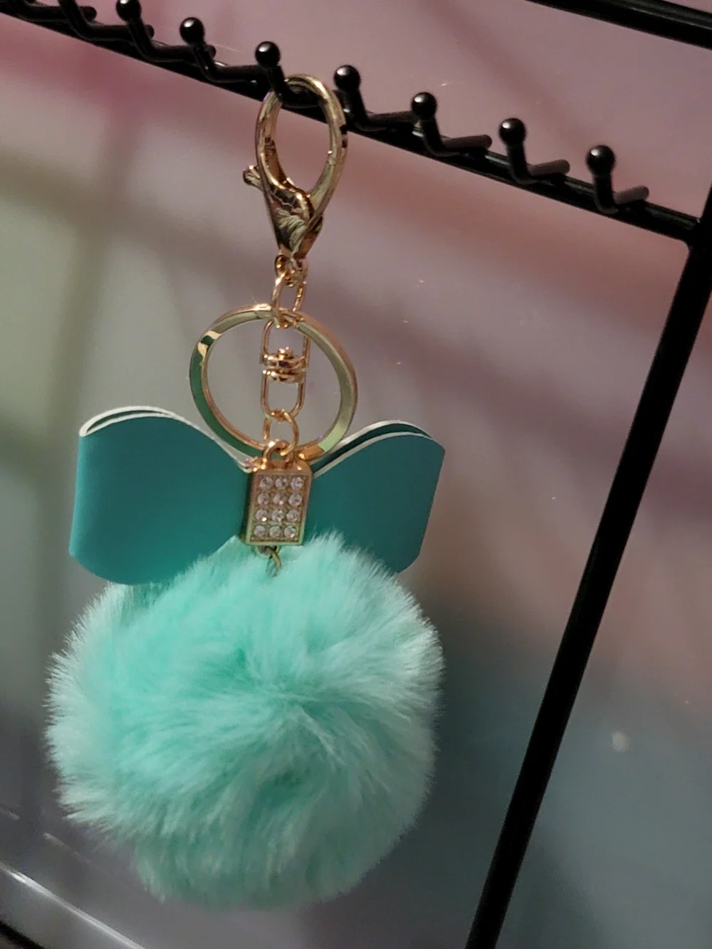 Gold Hardware Mint Green Pom-Pom Keychain with Bow Accent